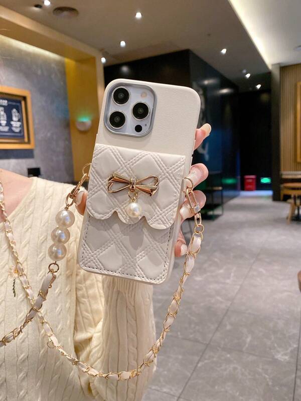 1 Stück hochwertige Schleife mit Kunstperlen-Diamant-Gitter-Muster, Kartenhalter, Schulter- und Umhängetasche mit stoßfester Handyhülle, kompatibel mit Apple//Redmi/VIVO/Infinix/OPPO/Reno
