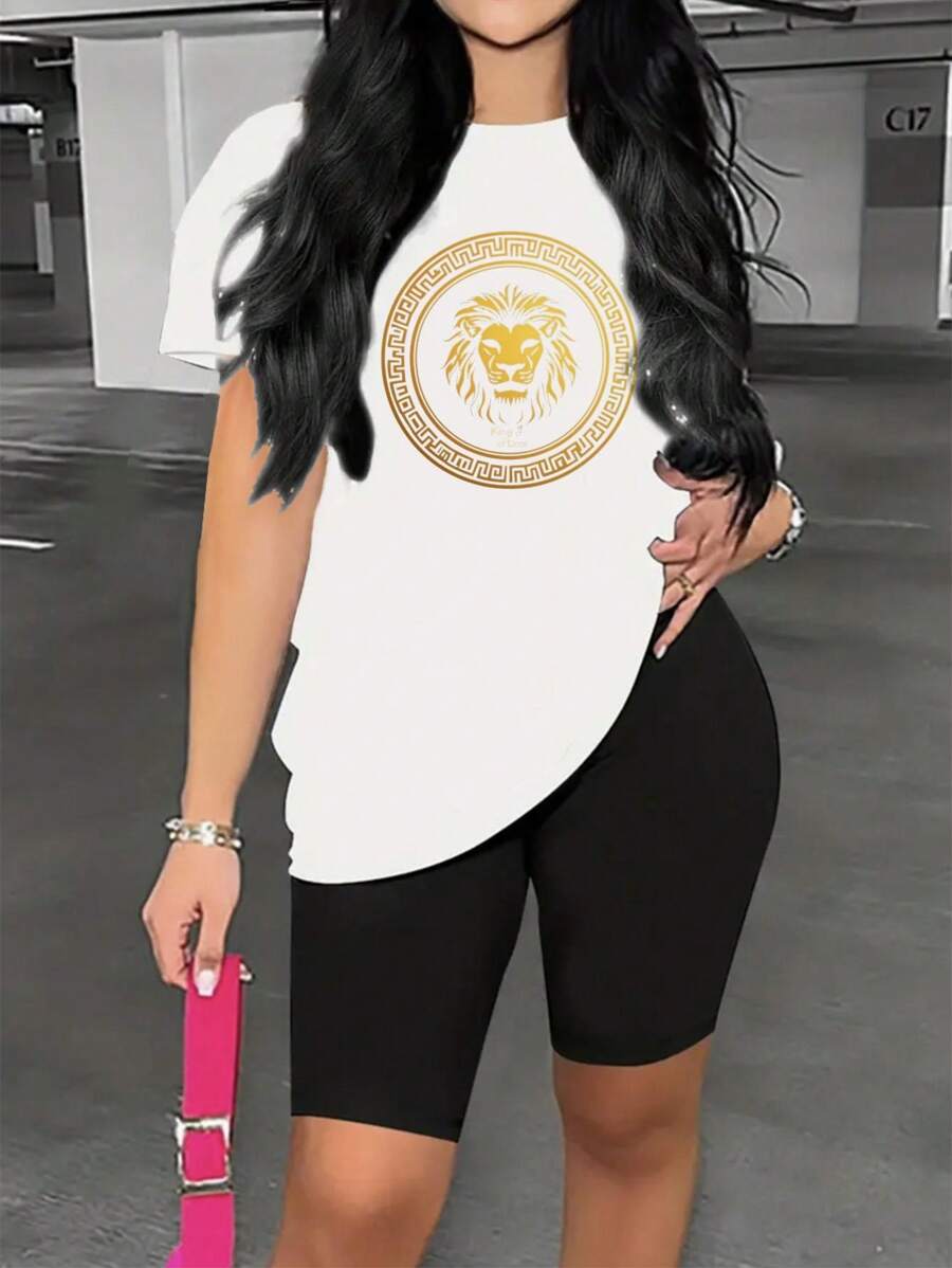 Women's Fashionable Crew Neck Graphic Print Short Sleeve Shorts Set - Round Neck Casual Short Sleeve Shirt Shorts Set With Polyester Fabric - Lightweight & Breathable Vest For All Seasons, 1 Set,290g - 白色 - 查看 1