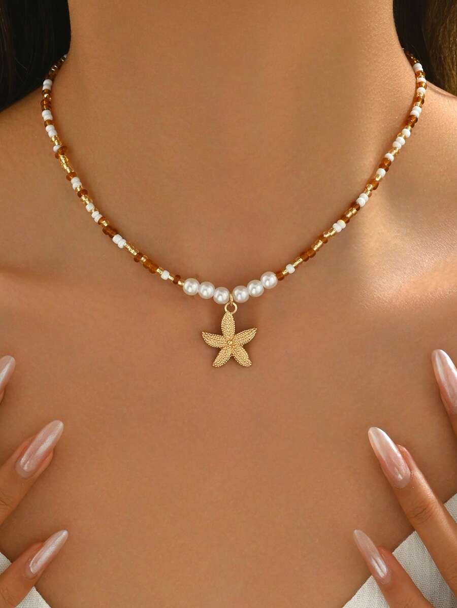 1 件手工仿珍珠金海星吊坠项链，女士海洋风格珠宝适合休闲和度假 - 仿珍珠+海星 - 查看 1