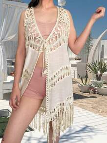 Women's Crochet Beach Cover Up. Sexy And Casual, Very Soft, Light And Comfortable Fabric, Made Of Polyester And Spandex, Round Neck And Sleeveless, Elegant Drawstring Closure, Suitable For Summer Seasons And Days At The Beach Or Pool. - 奶油色 - 查看 3
