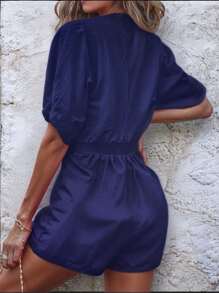 Women's Casual Short Sleeve V-Neckline Knotted Abdomen Jumper - 藏蓝色 - 查看 2