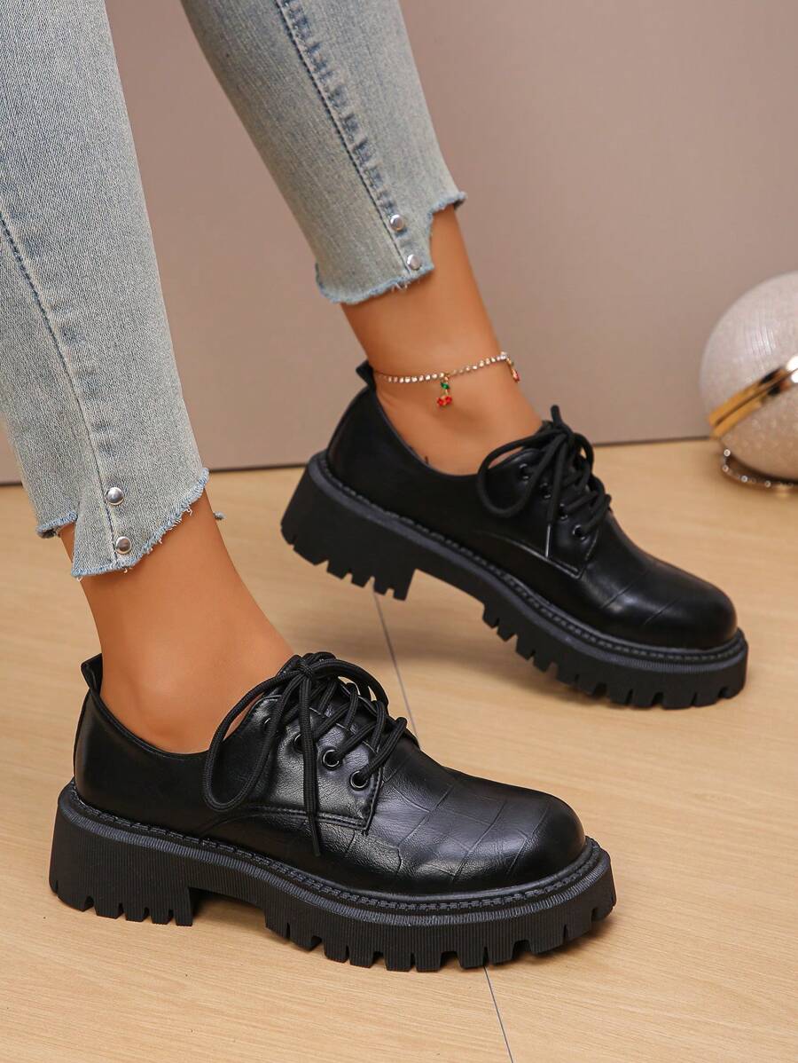 女士厚底坡跟运动鞋，舒适透气轻便女鞋，时尚百搭系带休闲鞋，女士乐福鞋 - 黑色 - 查看 1