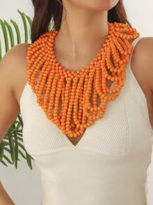 Handwoven Wood Bead V-Shaped Necklace, Exaggerated African Bridal Accessory, Party Decoration, Factory Outlet, Natural Wood Beads, Slight Defects, Occasional Color Difference, Not Seconds, Caution For Those Seeking Perfection