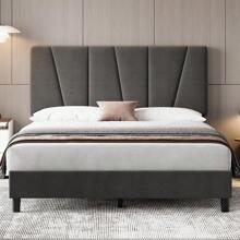 CuisinSmart Twin/Full/Queen/King Size Bed Frame With Headboard,Linen Upholstered Platform Bed With Adjustable Tufted Headboard,Strong Wooden Slats Supports,No Box Spring Required,Easy Assembly,Grey - 深灰色 - 查看 3