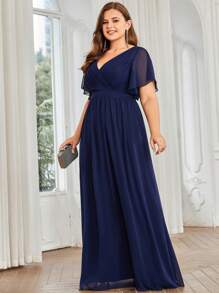 EVERPRETTY Elegant V-Neck Ruffle Sleeve Floor-Length Bridesmaid Dress In Slate Blue, Suitable For Weddings, Parties And Other Formal Occasions - Navy Blue - View 4