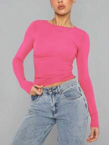 女士基础款纯色圆领长袖修身短款T恤，休闲Y2K性感时尚风，春秋季 - 螢光粉 - 查看 5