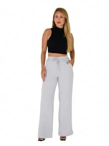 WIDE LEG HIGH WAIST PANTALONA PANTS WITH ELASTIC DUNA FABRIC - 淺灰色 - 查看 5