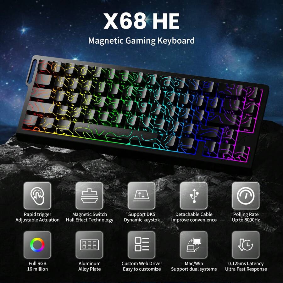 Attack shark x68 he 8000hz rapid trigger keyboard 0 01mm rt accuracy
