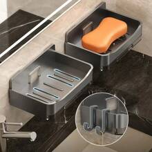Soporte deón de baño sin perforaciones, soporte de esponja deón montado en la pared, organizador, plato deón de doble drenaje, accesorios de baño DPIN - Negro - Ver 9