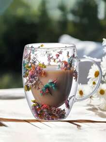 1 件家用咖啡/牛奶玻璃杯，带永生花和闪光，双层带手柄，美观大方 - Everlasting flower - 查看 2