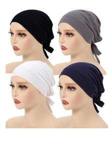 4pcs Women Plain Elastic Band Headscarf Set, Classic Inner Hijab For Multi-Occasion, Versatile Daily Use - 4PCS Strap Caps - View 4