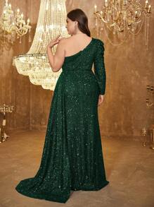 UNITHORSE Plus Size Asymmetrical Neck Princess Sleeve High Slit Ruched Maxi Party Sequins Dress, Wedding Guest Dress, Formal Dress, Evening Dress - Dark Green - View 2