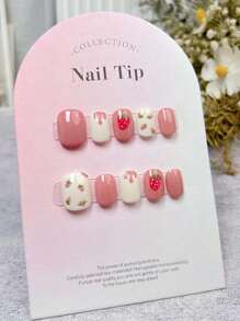 10pcs Handmade Cute Sweet Strawberry Short-Style Nail Stickers For Nail Art, Reusable And Removable For Students Press On Nails - Multicolor - View 4