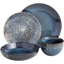 Matisse 16 Piece Double Bowl Dinnerware Set, Cobalt Blue, Service For 4