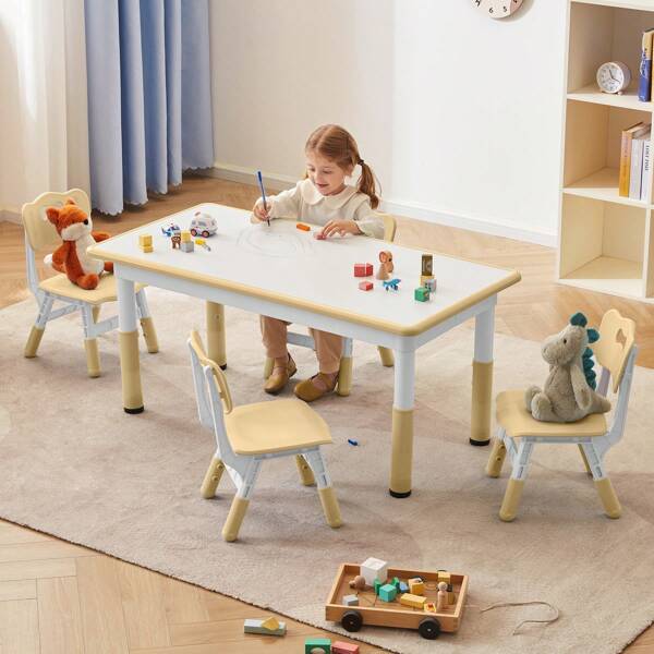 Kids Table And 4 Chairs Set With Graffiti Desktop,Toddler Furniture For Kids Ages 3-8,Children Study Desk, Dining Table, Height Adjustable Desk, Painting Desktop,Gift For Boys Girls