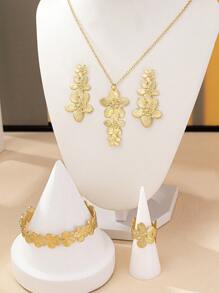 3pcs/5pcs Flower & Butterfly Jewelry Set, Necklace, Earrings, Bracelet, Ring, Metal 5-Petal Flower & Butterfly, Elegant & Sweet Women Accessories