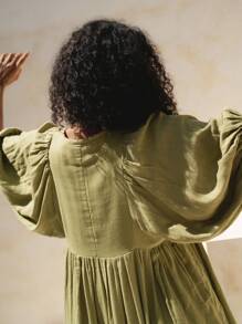 Women's Summer Loose Dress Solid Color 3/4 Sleeves Round-Neck Tie Front Long Dress - 淺綠色 - 查看 6