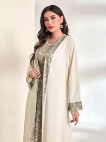 Een elegante damesvestjasjurkset, geschikt voor lente en zomer, bloemenprint, lange vest met lange mouwen, twee delen, Ramadan-vakantie, dating, vakantiekleding