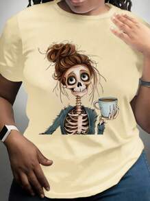 Plus Size Cartoon Graphic Drop Shoulder Tee For Summer - Beige - View 5