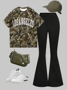 Girls' Summer Niche Design Camouflage Crop Top With Shorts Outfit - Multicolor - View 1