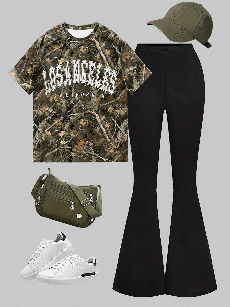 Girls' Summer Niche Design Camouflage Crop Top With Shorts Outfit - Multicolor - View 1