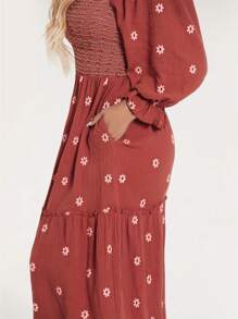 Women Long Dress, Long Sleeve Dress Square Neck Embroidery Flower Loose Swing Dress - Tan - Xem 2