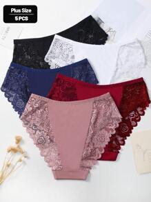 5pcs/Set Plus Size Women Romantic Contrast Lace Cotton Briefs - Multicolor - View 2