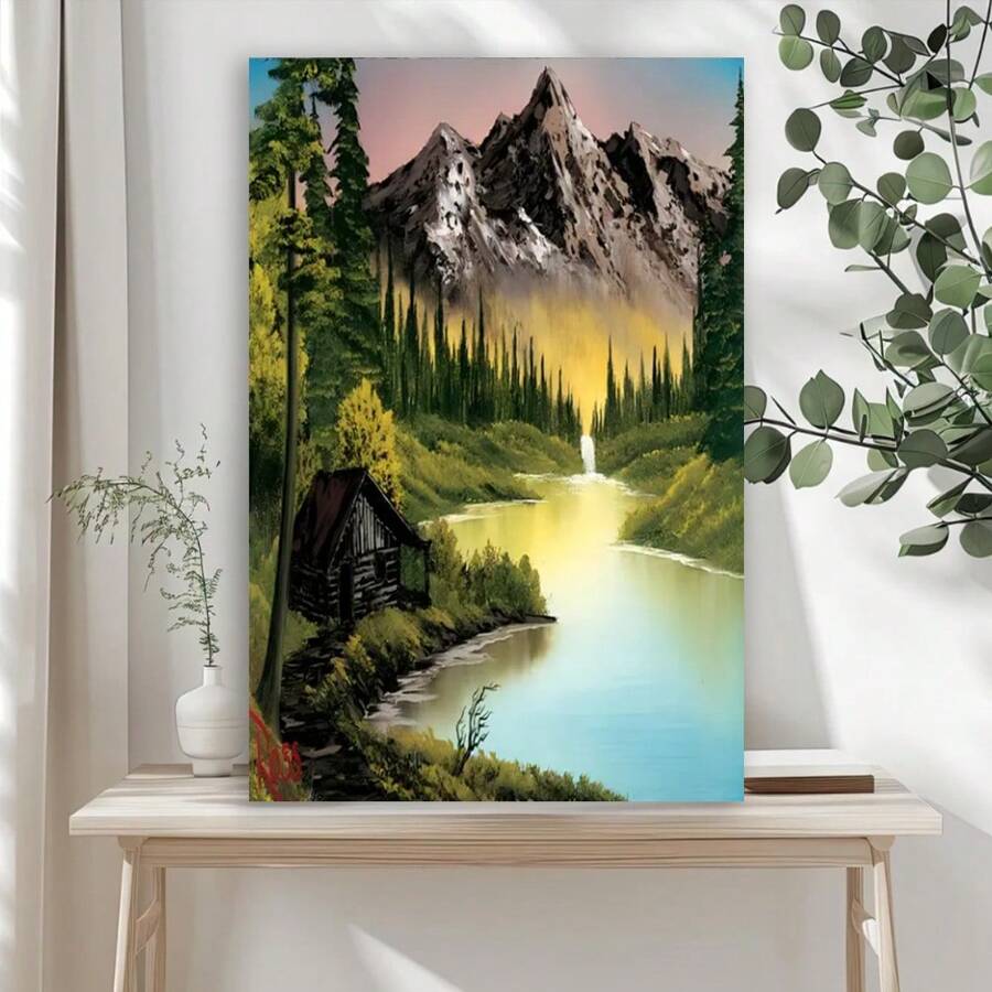 Framed Room Decor Bob Poster, Ross Inspired Canvas Wall Art, Nature Scenery Print, Vibrant Mountain Landscape With Lake And Cabin, Home Decor