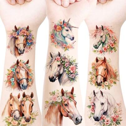 20pcs Horse Temporary Tattoo Stickers, Watercolor Style, Floral Horse Pattern, Suitable For Music Festivals, Parties, Nightclubs, Birthday Parties And Other Occasions, Can Be Used As Decorations, Gifts, Gift Bag Fillers Or Christmas Stocking Stuffers.