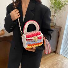 1pc Handwoven Contrast Color Cloth Strap Women Handbag, Colorful Contrast Color Fashionable Casual Tote Bag With Removable Strap & Handle, Spacious Shoulder Bag For Daily Use, Gift For Friends - Multicolor - View 11