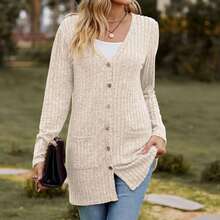 Women's Long Sleeve Open Front Knit Ribbed Cardigan Sweater With Pockets 2025 Winter Lightweight Cardigans Outerwear - Màu be - Xem 4