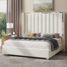 Velvet Upholstered Bed Frame With 58" Tall Channel Tufted Wingback Headboard And Plating Trim – Platform Design, No Box Spring Required - Cream - View 1