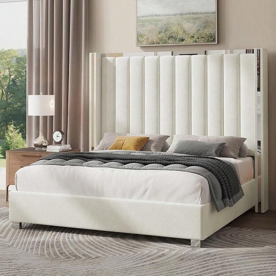 Velvet Upholstered Bed Frame With 58" Tall Channel Tufted Wingback Headboard And Plating Trim – Platform Design, No Box Spring Required - Cream - View 1