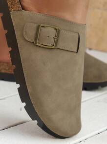 春夏青少年时尚休闲装，室内家居或户外穿着，防滑抗冲击软木厚底平跟半趾一脚蹬拖鞋。 - 卡其色 - 查看 3