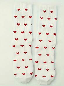 1 双女式白色 Ins Style 心形图案中筒袜，运动学院风，秋季
