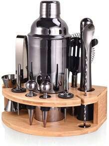 Kit With Stylish Bamboo Stand, 12 Piece 25oz Cocktail Shaker Set For Mixed Drink, Professional Stainless Steel Bar Tool Set, Gift For Man Dad - Cocktail Recipes Booklet (Grey) - Gray_ - View 8