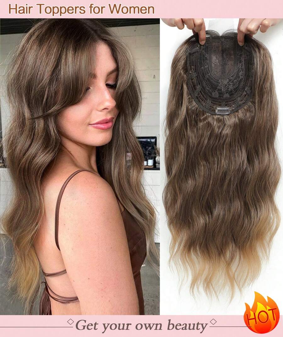 20" Wavy Hair Topper To Add Hair Volume 6.5"X6.5" Base Size Hair Toppers For Women Synthetic Hair Pieces For Women With Thinning Hair Wavy Clip In Hair Extensions - 漸層棕色 - 查看 1