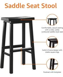 24" Counter Stool, Solid Wood Saddle-Seat, Height Kitchen Island BarStool, Set Of 2, Black - Black - View 5