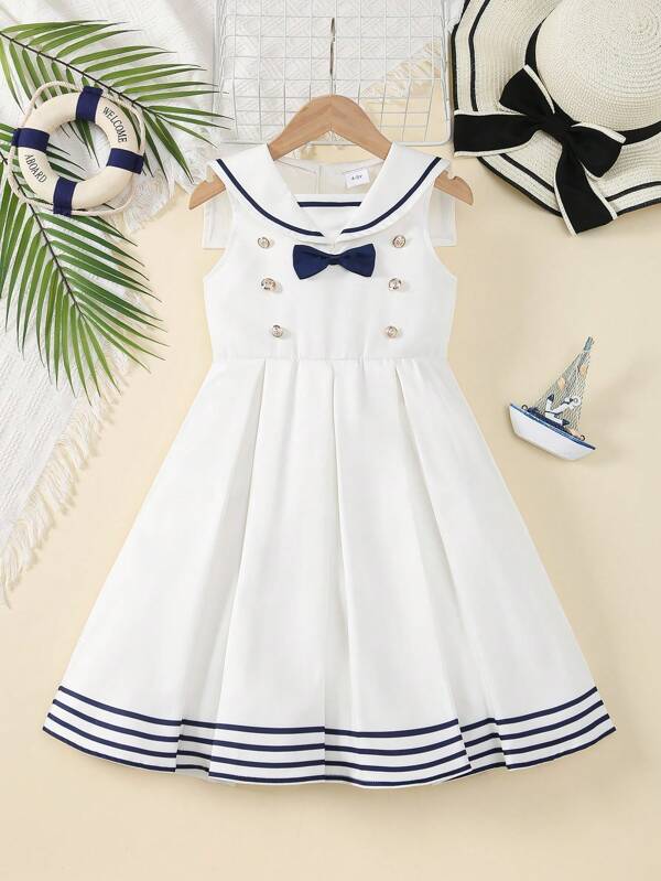 Campus Style Girls Toddler Button Open Back Pointed Collar Color Blocking Flower Print 3D Bow Button Decor Sleeveless Pleated Striped Skirt Hem Sailor Dress