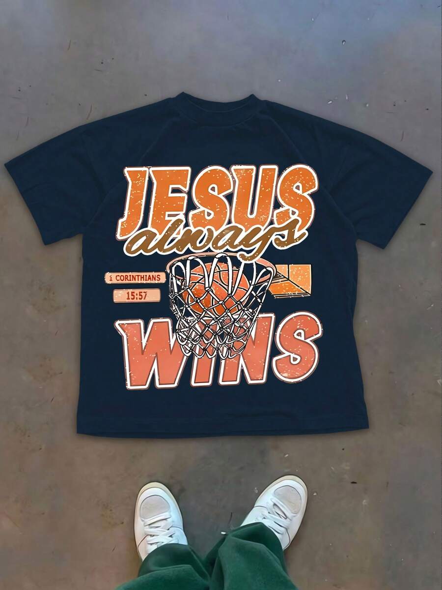 WITH JESUS, WE ALWAYS WIN, PRAISE THE LORD! BASKETBALL, Men's Graphic Tees, Cotton Streetwear T-Shirt, Round Neck, Loose Fit, Fall & Holiday Travel, Unisex, Goth & Y2K Style - 藏蓝色 - 查看 1