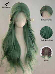 KATHARINE (Excluding Accessories)26 Inches Long U Part Lace Synthetic Heat-Resistant Hairpiece In Wavy Green Wig, Made From Fiber, Suitable For Daily Use Halloween Party - 橄欖綠 - 查看 4