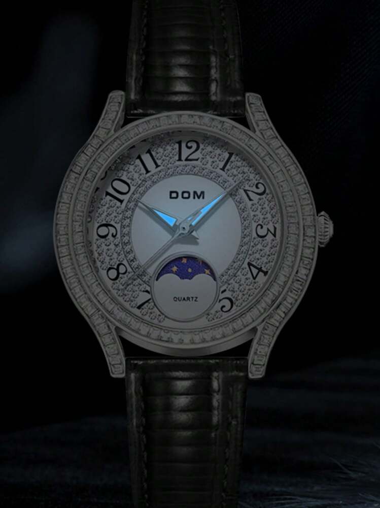 DOM 1 件时尚女士水钻镶嵌昼夜发光珍珠贝母表盘皮革表带防水腕表 - 銀色 - 查看 9