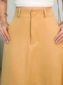 Long Plain High Waist Tailored Skirt With Belt - Marrón Mocha - Ver 2