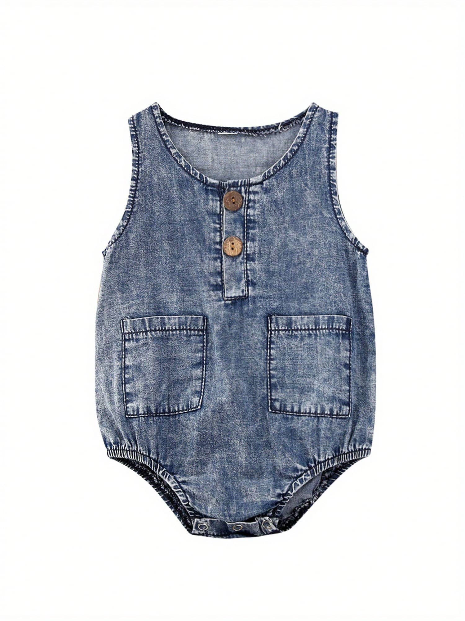 Toddler Summer Playsuits, Baby Denim Blue O-Neck Sleeveless Button Open Rompers For Girls, Boys, 0-12 Months - Màu xanh lam - Xem 1