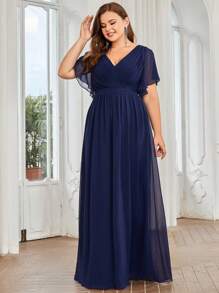 EVERPRETTY Elegant V-Neck Ruffle Sleeve Floor-Length Bridesmaid Dress In Slate Blue, Suitable For Weddings, Parties And Other Formal Occasions - Navy Blue - View 3