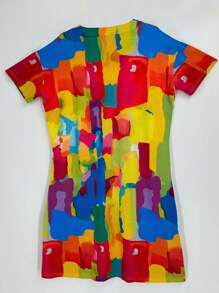 Plus Size Casual Dress, Women's Plus Colorblock Geometric Print Short Sleeve V Neck Medium Stretch Dress With Pockets - 彩色 - 查看 2