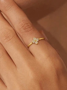 1pc Exquisite Four-Leaf Clover Ring Ladies Jewelry For Women 925 Sterling Silver Elegant Zirconia Ring Fine Jewelry Gift For Girls Wedding Prom Party Decor - Gold - View 3