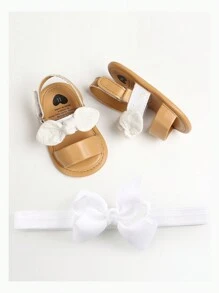 2 pièces Serre-tête vêtements de tête, sandales souples pour bébés filles, chaussures plates pour robe de mariée d'été pour nourrissons, sandales de plage, chaussures de berceau pour nouveau-nés, premiers marcheurs