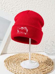1 pieza Gorro de punto con bordado acrílico de estilo casual de calle, estampado de espina de pescado, para hombre, para pesca, senderismo, esquí y deportes al aire libre, para otoño/invierno, cortaviento y cálido