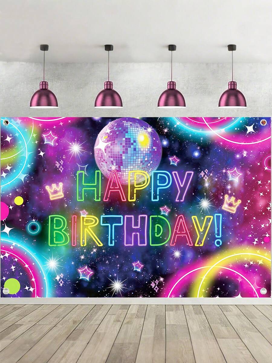 1 件 100*150 厘米霓虹荧光旗风格背景布，荧光球生日快乐横幅派对房间墙壁派对装饰背景布横幅，复古迪斯科派对背景围栏装饰，摄影道具